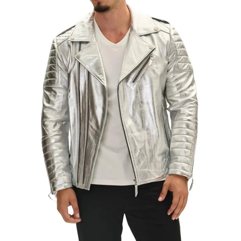 Stylish Silver Quilted Motorcycle Leather Jacket for Men