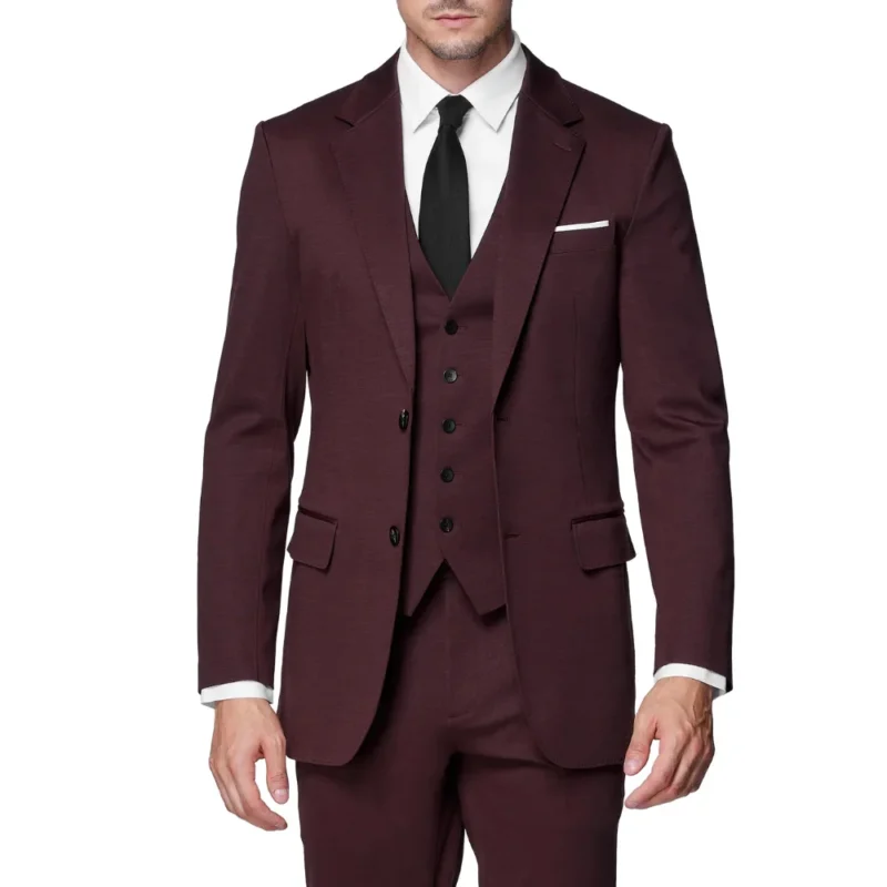Classic Burgundy Slim Fit Wool Three-Piece Suit – Men’s Formal Wear