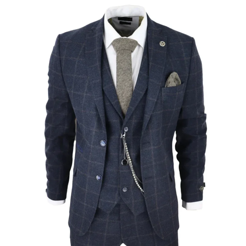 Vintage-Inspired Shelby 3-Piece Suit in Navy Blue Herringbone