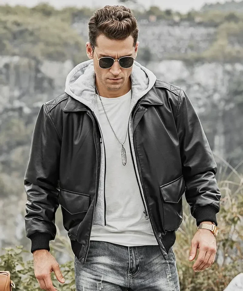Men’s Stylish Black Leather Bomber Jacket with Detachable Hood