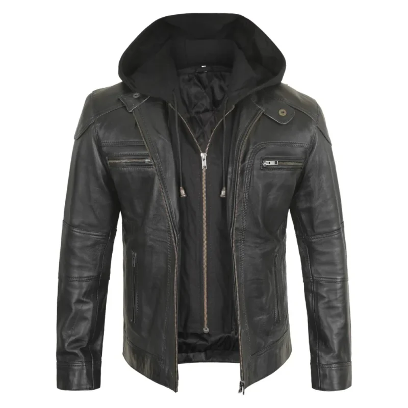 Men’s Black Motorcycle Leather Jacket with Removable Hood