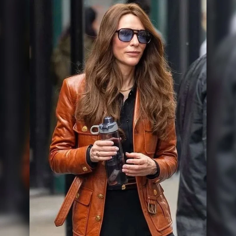 Cate Blanchett Chic Brown Leather Jacket from Black Bag 2025