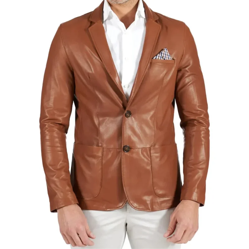 Men’s Stylish Brown Tan Leather Blazer – Two-Button Fit