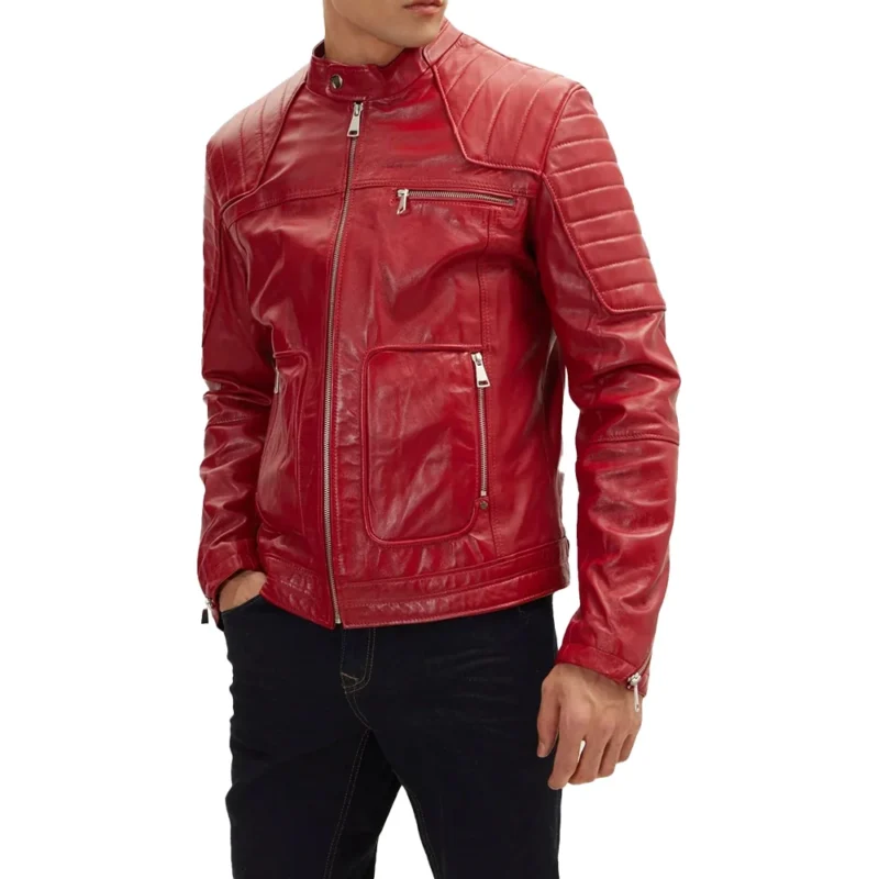 Men’s Bold Red Leather Motorcycle Jacket – Quilted Design