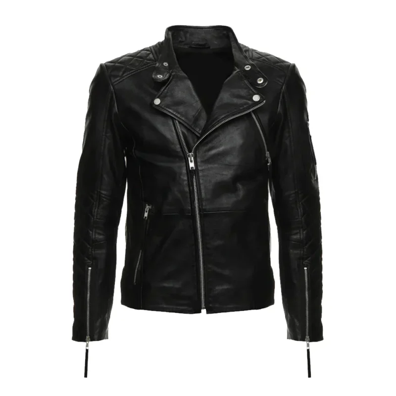 Men’s Quilted Black Leather Moto Jacket with Asymmetrical Zipper