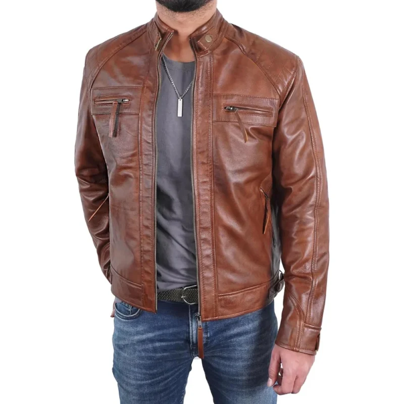 Men’s Quilted Shoulder Café Racer Leather Jacket – Cognac