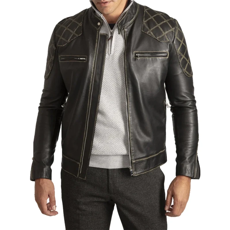 David Men's Retro Black Leather Biker Jacket