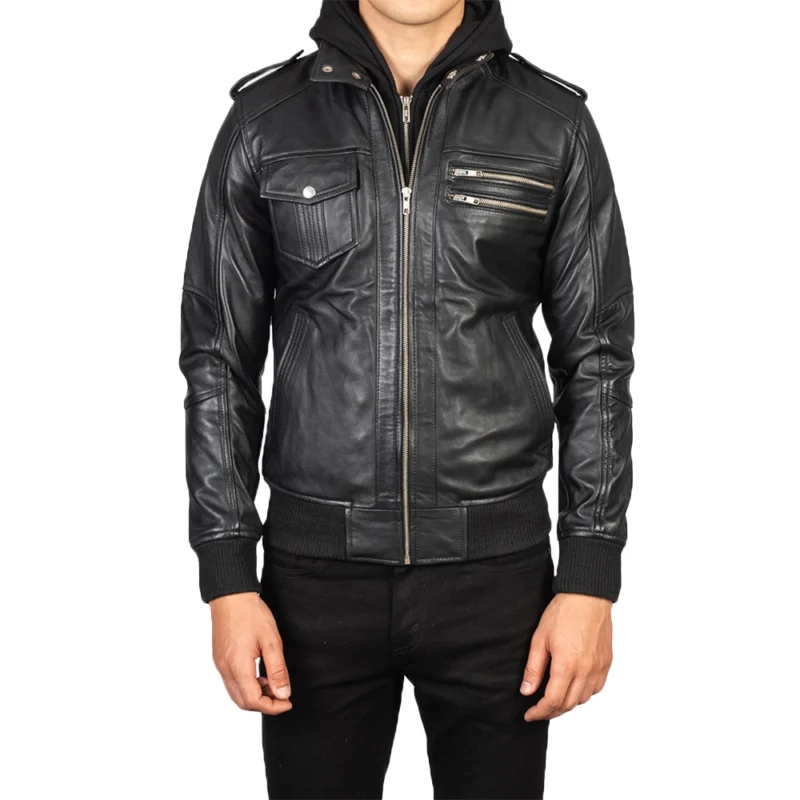 Mens Black Real Leather Jacket with Detachable Hood