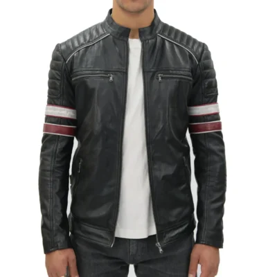 Madrid Mens Black and Red Quilted Leather Racing Jacket