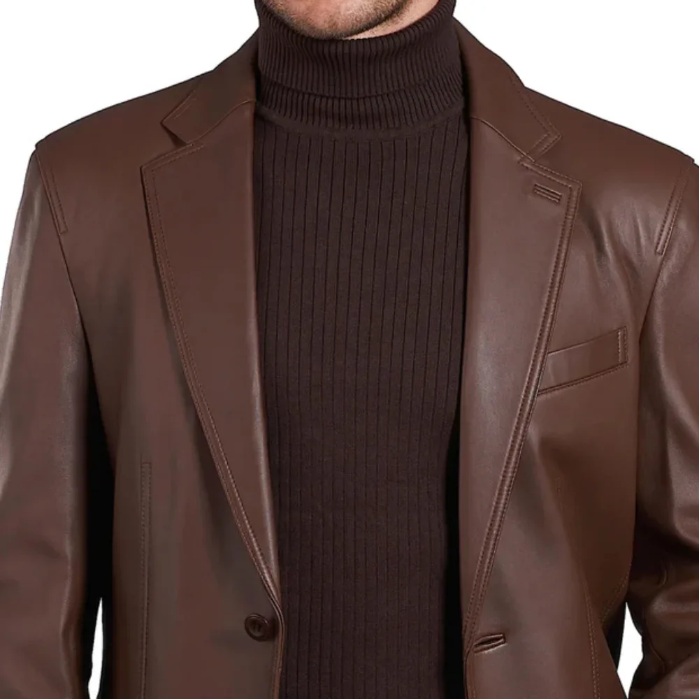 Mens Two Button Notch Lapel Cognac Waxed Leather Blazer