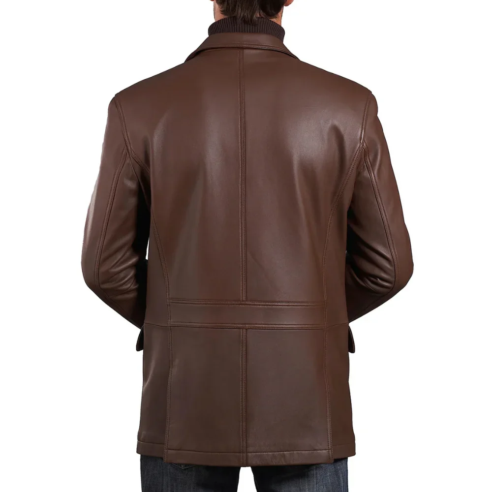 Mens Two Button Notch Lapel Cognac Waxed Leather Blazer